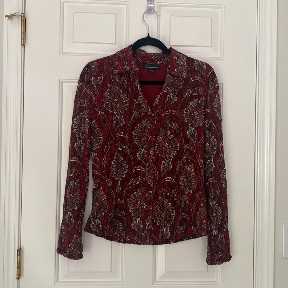 Inc - Dark Red Button Down Geometric Pattern V-Ne… - image 5